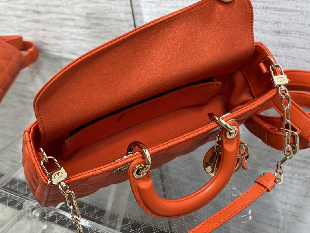 Medium Lady D-Joy Bag Orange Cannage Lambskin